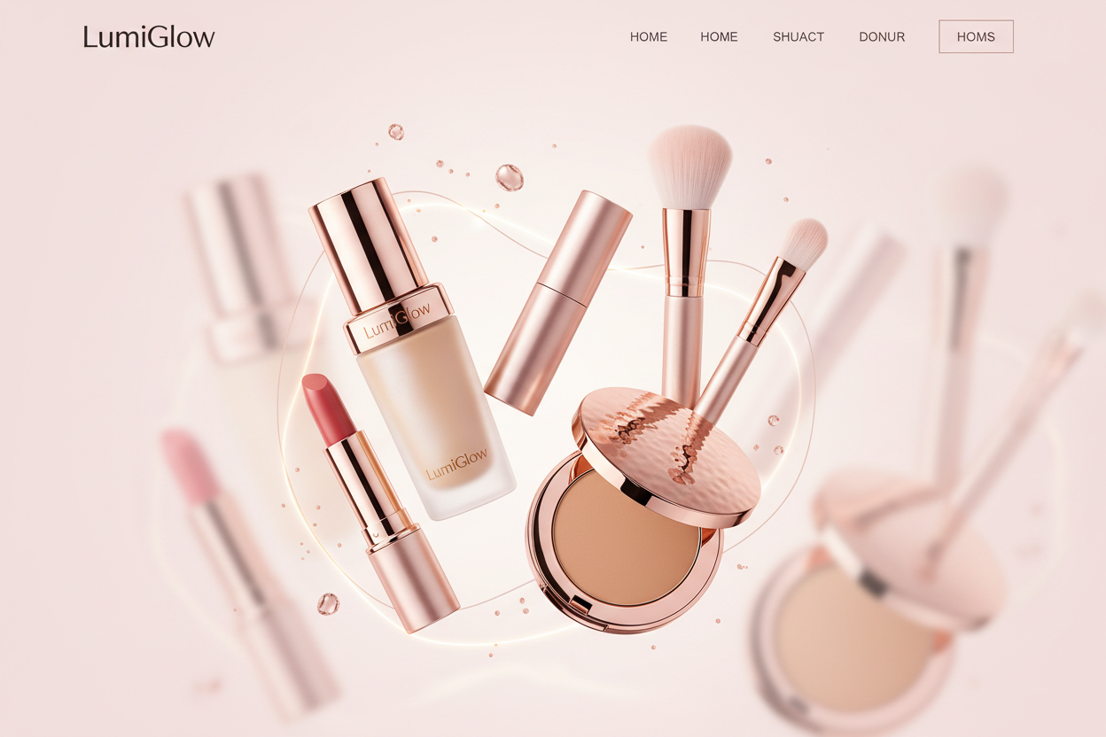 Ultra-premium beauty homepage banner for LumiGlow, soft baby pink aesthetic, luxury makeup products floating elegantly, silky textures, glossy highlights, soft-glow lighting, high-fashion beauty brand design, clean minimal layout with space for text, ultra high-resolution, professional editorial style
